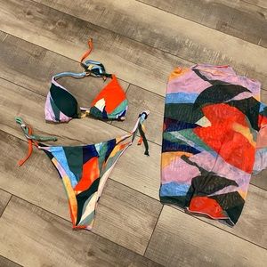 SHEIN 3-Pack Colorblock Tie Waist Bikini & Sarong